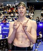 10 December 2023; Daniel Wiffen of Ireland celebrates his victory in the Men's 800m Freestyle, setting a new world record of 7:20.46, during day six of the European Short Course Swimming Championships 2023 at the Aquatics Complex in Otopeni, Romania. Photo by Nikola Krstic/Sportsfile