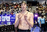 10 December 2023; Daniel Wiffen of Ireland celebrates his victory in the Men's 800m Freestyle, setting a new world record of 7:20.46, during day six of the European Short Course Swimming Championships 2023 at the Aquatics Complex in Otopeni, Romania. Photo by Nikola Krstic/Sportsfile