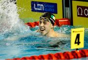 10 December 2023; Daniel Wiffen of Ireland celebrates his victory in the Men's 800m Freestyle, setting a new world record of 7:20.46, during day six of the European Short Course Swimming Championships 2023 at the Aquatics Complex in Otopeni, Romania. Photo by Nikola Krstic/Sportsfile