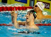 10 December 2023; Daniel Wiffen of Ireland celebrates his victory in the Men's 800m Freestyle, setting a new world record of 7:20.46, during day six of the European Short Course Swimming Championships 2023 at the Aquatics Complex in Otopeni, Romania. Photo by Nikola Krstic/Sportsfile