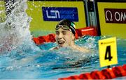 10 December 2023; Daniel Wiffen of Ireland celebrates his victory in the Men's 800m Freestyle, setting a new world record of 7:20.46, during day six of the European Short Course Swimming Championships 2023 at the Aquatics Complex in Otopeni, Romania. Photo by Nikola Krstic/Sportsfile