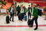 11 December 2023; Ireland’s European Cross Country Team returning to Dublin Airport this morning following another hugely successful competition in Brussels yesterday. The returning team including U20 men's 5000m team Gold medallists, from left, Niall Murphy, individual bronze medallist Nicholas Griggs and Harry Colbert. Photo by Ben McShane/Sportsfile