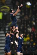 10 December 2023; Caelan Doris of Leinster takes possession in a lineout lifted by teammates Michael Ala'alatoa and Cian Healy during the Investec Champions Cup match between La Rochelle and Leinster at Stade Marcel Deflandre in La Rochelle, France. Photo by Harry Murphy/Sportsfile