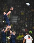 10 December 2023; Joe McCarthy of Leinster takes possession in a lineout lifted by teammates Ryan Baird and Andrew Porter during the Investec Champions Cup match between La Rochelle and Leinster at Stade Marcel Deflandre in La Rochelle, France. Photo by Harry Murphy/Sportsfile