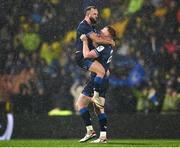 10 December 2023; Ciarán Frawley, right, and Jamison Gibson-Park of Leinster after their side's victory in during the Investec Champions Cup match between La Rochelle and Leinster at Stade Marcel Deflandre in La Rochelle, France. Photo by Harry Murphy/Sportsfile