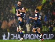 10 December 2023; Ciarán Frawley, centre, Jamison Gibson-Park and Hugo Keenan of Leinster after their side's victory in during the Investec Champions Cup match between La Rochelle and Leinster at Stade Marcel Deflandre in La Rochelle, France. Photo by Harry Murphy/Sportsfile
