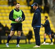 10 December 2023; Leinster senior coach Jacques Nienaber speaks to Cian Healy of Leinster before the Investec Champions Cup match between La Rochelle and Leinster at Stade Marcel Deflandre in La Rochelle, France. Photo by Harry Murphy/Sportsfile