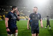 10 December 2023; Joe McCarthy, left, and Ciarán Frawley of Leinster after their side's victory in the Investec Champions Cup match between La Rochelle and Leinster at Stade Marcel Deflandre in La Rochelle, France. Photo by Harry Murphy/Sportsfile