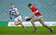 10 December 2023; Dylan Geaney of Dingle in action against Andrew Whelton of Castlehaven during the AIB Munster GAA Football Senior Club Championship Final match between Dingle, Kerry, and Castlehaven, Cork, at TUS Gaelic Grounds in Limerick. Photo by Brendan Moran/Sportsfile