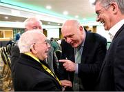 9 December 2023; Outgoing FAI president Gerry McAnaney speaks to former Republic of Ireland kit manager Charlie O'Leary in the company of his son John, left, with FAI chairperson nominee Tony Keohane, right, before the annual general meeting of the Football Association of Ireland at the Radisson Blu St. Helen's Hotel in Dublin. Photo by Stephen McCarthy/Sportsfile