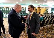 9 December 2023; Outgoing FAI president Gerry McAnaney with FIFA program coordinator Gianni Manca before the annual general meeting of the Football Association of Ireland at the Radisson Blu St. Helen's Hotel in Dublin. Photo by Stephen McCarthy/Sportsfile