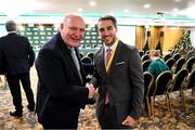 9 December 2023; Outgoing FAI president Gerry McAnaney with FIFA program coordinator Gianni Manca before the annual general meeting of the Football Association of Ireland at the Radisson Blu St. Helen's Hotel in Dublin. Photo by Stephen McCarthy/Sportsfile