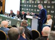 9 December 2023; Former FAI chairperson Roy Barrett addresses the assembly during the annual general meeting of the Football Association of Ireland at the Radisson Blu St. Helen's Hotel in Dublin. Photo by Stephen McCarthy/Sportsfile