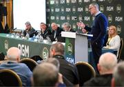 9 December 2023; Former FAI chairperson Roy Barrett addresses the assembly during the annual general meeting of the Football Association of Ireland at the Radisson Blu St. Helen's Hotel in Dublin. Photo by Stephen McCarthy/Sportsfile