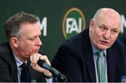 9 December 2023; Outgoing FAI president Gerry McAnaney, right, and FAI chief executive Jonathan Hill during an extraordinary general meeting in advance of the Football Association of Ireland's annual general meeting at the Radisson Blu St. Helen's Hotel in Dublin. Photo by Stephen McCarthy/Sportsfile