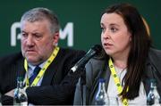 9 December 2023; FAI board member Niamh O’Mahony and outgoing FAI vice-president Paul Cooke, left, during an extraordinary general meeting in advance of the Football Association of Ireland's annual general meeting at the Radisson Blu St. Helen's Hotel in Dublin. Photo by Stephen McCarthy/Sportsfile