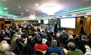 9 December 2023; Outgoing FAI president Gerry McAnaney addresses the assembly during the annual general meeting of the Football Association of Ireland at the Radisson Blu St. Helen's Hotel in Dublin. Photo by Stephen McCarthy/Sportsfile