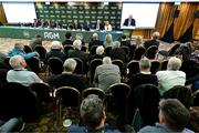 9 December 2023; Outgoing FAI president Gerry McAnaney addresses the assembly during the annual general meeting of the Football Association of Ireland at the Radisson Blu St. Helen's Hotel in Dublin. Photo by Stephen McCarthy/Sportsfile