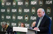 9 December 2023; Outgoing FAI president Gerry McAnaney addresses the assembly during the annual general meeting of the Football Association of Ireland at the Radisson Blu St. Helen's Hotel in Dublin. Photo by Stephen McCarthy/Sportsfile