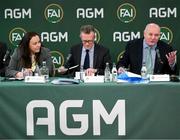 9 December 2023; Outgoing FAI president Gerry McAnaney, right, with FAI chief executive Jonathan Hill and FAI board member Niamh O’Mahony during an extraordinary general meeting in advance of the Football Association of Ireland's annual general meeting at the Radisson Blu St. Helen's Hotel in Dublin. Photo by Stephen McCarthy/Sportsfile