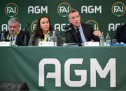 9 December 2023; FAI chief executive Jonathan Hill with FAI board member Niamh O’Mahony and outgoing FAI vice-president Paul Cooke, left, during the annual general meeting of the Football Association of Ireland at the Radisson Blu St. Helen's Hotel in Dublin. Photo by Stephen McCarthy/Sportsfile