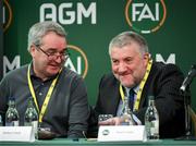 9 December 2023; Outgoing FAI vice-president Paul Cooke, right, and FAI board member Robert Watt during an extraordinary general meeting in advance of the Football Association of Ireland's annual general meeting at the Radisson Blu St. Helen's Hotel in Dublin. Photo by Stephen McCarthy/Sportsfile