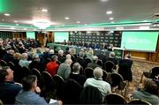 9 December 2023; The top table, from left, FAI board member and chairperson of the amateur and youth committee John Finnegan, FAI board member Robert Watt, Outgoing FAI vice-president Paul Cooke, FAI board member Niamh O’Mahony, FAI chief executive Jonathan Hill, Outgoing FAI president Gerry McAnaney, FAI company secretary Gerry Egan, FAI board member and independent director Maeve McMahon, FAI board member Joe O'Brien and FAI board member and independent director Catherine Guy during an extraordinary general meeting in advance of the Football Association of Ireland's annual general meeting at the Radisson Blu St. Helen's Hotel in Dublin. Photo by Stephen McCarthy/Sportsfile