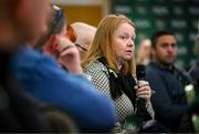 9 December 2023; Ursula Scully, Munster FA, during an extraordinary general meeting in advance of the Football Association of Ireland's annual general meeting at the Radisson Blu St. Helen's Hotel in Dublin. Photo by Stephen McCarthy/Sportsfile