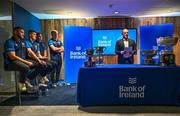 11 December 2023; Leinster Rugby branch president Billy Murphy speaks alongside Leinster players Ross Molony, Sam Prendergast, Fintan Gunne and Tommy O'Brien during the Bank of Ireland Leinster School's Cup Draw at Bank of Ireland Montrose Branch in Dublin. Photo by Harry Murphy/Sportsfile