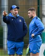 12 December 2023; Backs coach Andrew Goodman speaks to Jordan Larmour during a Leinster Rugby squad training session at UCD in Dublin. Photo by Harry Murphy/Sportsfile