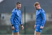 12 December 2023; Sam Prendergast, left, and Ciarán Frawley during a Leinster Rugby squad training session at UCD in Dublin. Photo by Harry Murphy/Sportsfile