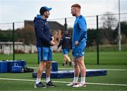 12 December 2023; Backs coach Andrew Goodman speaks to Ciarán Frawley during a Leinster Rugby squad training session at UCD in Dublin. Photo by Harry Murphy/Sportsfile