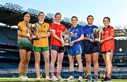 13 December 2023; In attendance at a photocall ahead of the currentaccount.ie All-Ireland Junior, Intermediate and Ladies Senior Club Football Championship Finals next weekend are, from left, Ellen Twomey of Glanmire, Cork, Gráinne Prior of Ballinamore Sean O’Heslins, Leitrim, Louise Ward of Kilkerrin-Clonberne, Galway, Aileen Wall of Ballymacarbry, Waterford, Laura Kelly of Claremorris, Mayo, and Lisa Harte of O’Donovan Rossa, Cork. The Intermediate and Senior Finals will be played at Croke Park on Saturday, December 16, with the Junior Final to be played at Parnell Park, Dublin, on Sunday December 17. Photo by Sam Barnes/Sportsfile