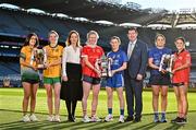 13 December 2023; In attendance at a photocall ahead of the currentaccount.ie All-Ireland Junior, Intermediate and Ladies Senior Club Football Championship Finals next weekend are, from left, Ellen Twomey of Glanmire, Cork, Gráinne Prior of Ballinamore Sean O’Heslins, Leitrim, Kira Magennis, Head of SEPA Payments, representing competition sponsors currentaccount.ie, Louise Ward of Kilkerrin-Clonberne, Galway, Aileen Wall of Ballymacarbry, Waterford, Uachtarán Cumann Peil Gael na mBan, Mícheál Naughton, Laura Kelly of Claremorris, Mayo, and Lisa Harte of O’Donovan Rossa, Cork. The Intermediate and Senior Finals will be played at Croke Park on Saturday, December 16, with the Junior Final to be played at Parnell Park, Dublin, on Sunday December 17. Photo by Sam Barnes/Sportsfile