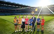 13 December 2023; (EDITORS NOTE: A special effects camera filter was used for this image.) In attendance at a photocall ahead of the currentaccount.ie All-Ireland Junior, Intermediate and Ladies Senior Club Football Championship Finals next weekend are, from left, Ellen Twomey of Glanmire, Cork, Gráinne Prior of Ballinamore Sean O’Heslins, Leitrim, Kira Magennis, Head of SEPA Payments, representing competition sponsors currentaccount.ie, Louise Ward of Kilkerrin-Clonberne, Galway, Aileen Wall of Ballymacarbry, Waterford, Uachtarán Cumann Peil Gael na mBan, Mícheál Naughton, Laura Kelly of Claremorris, Mayo, and Lisa Harte of O’Donovan Rossa, Cork. The Intermediate and Senior Finals will be played at Croke Park on Saturday, December 16, with the Junior Final to be played at Parnell Park, Dublin, on Sunday December 17. Photo by Sam Barnes/Sportsfile