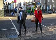 13 December 2023; FAI Grassroots director Ger McDermott, left, and FAI people & culture director Aoife Rafferty arrive at Dáil Éireann in Dublin ahead of a meeting with the Oireachtas Committee on Tourism, Culture, Arts, Sport and Media. Photo by David Fitzgerald/Sportsfile