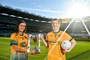 13 December 2023; (EDITORS NOTE: A special effects camera filter was used for this image.) In attendance at a photocall ahead of the currentaccount.ie All-Ireland Junior, Intermediate and Ladies Senior Club Football Championship Finals next weekend are Ellen Twomey of Glanmire, Cork, left, and Gráinne Prior of Ballinamore Sean O’Heslins, Leitrim, with the Intermediate Cup. The Intermediate and Senior Finals will be played at Croke Park on Saturday, December 16, with the Junior Final to be played at Parnell Park, Dublin, on Sunday December 17. Photo by Sam Barnes/Sportsfile