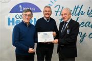14 December 2023; Salthill, Galway representative Pat Hickey is presented their Foundation Healthy Club award by Connacht GAA secretary John Prenty, left, and Connacht GAA Council president John Murphy, right, during the Irish Life Connacht GAA Healthy Clubs recognition event at the Connacht GAA Centre of Excellence in Bekan, Mayo. Photo by Ben McShane/Sportsfile