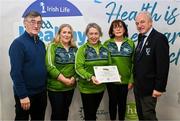 14 December 2023; Carrigallen, Leitrim, representatives Bernie Mulligan Dolan, Antoinette and Ann-Marie is presented their Gold Healthy Club award by Connacht GAA secretary John Prenty, left, and Connacht GAA Council president John Murphy, right, during the Irish Life Connacht GAA Healthy Clubs recognition event at the Connacht GAA Centre of Excellence in Bekan, Mayo. Photo by Ben McShane/Sportsfile