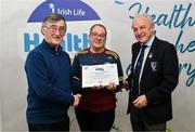 14 December 2023; Annaduff, Leitrim, representative Therese Charles is presented their Foundation Healthy Club award by Connacht GAA secretary John Prenty, left, and Connacht GAA Council president John Murphy, right, during the Irish Life Connacht GAA Healthy Clubs recognition event at the Connacht GAA Centre of Excellence in Bekan, Mayo. Photo by Ben McShane/Sportsfile