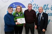 14 December 2023; Kilmeena, Mayo, representatives Noreen Johnston and John McDonald is presented their Gold Healthy Club award by Connacht GAA secretary John Prenty, left, and Connacht GAA Council president John Murphy, right, during the Irish Life Connacht GAA Healthy Clubs recognition event at the Connacht GAA Centre of Excellence in Bekan, Mayo. Photo by Ben McShane/Sportsfile