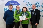 14 December 2023; Parke Keelogues Crimlin, Mayo, representatives Emer O'Toole and Kay O'Donnell is presented their Foundation Healthy Club award by Connacht GAA secretary John Prenty, left, and Connacht GAA Council president John Murphy, right, during the Irish Life Connacht GAA Healthy Clubs recognition event at the Connacht GAA Centre of Excellence in Bekan, Mayo. Photo by Ben McShane/Sportsfile