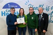 14 December 2023; The Nealle, Mayo, representatives Ita Brennan and Seán O'Grady is presented their Silver Healthy Club award by Connacht GAA secretary John Prenty, left, and Connacht GAA Council president John Murphy, right, during the Irish Life Connacht GAA Healthy Clubs recognition event at the Connacht GAA Centre of Excellence in Bekan, Mayo. Photo by Ben McShane/Sportsfile