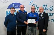 14 December 2023; Owenmore Gaels, Sligo, representatives John Hunt and Tommy Nellany is presented their Foundation Healthy Club award by Connacht GAA secretary John Prenty, left, and Connacht GAA Council president John Murphy, right, during the Irish Life Connacht GAA Healthy Clubs recognition event at the Connacht GAA Centre of Excellence in Bekan, Mayo. Photo by Ben McShane/Sportsfile