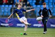 14 December 2023; Cathal Moore of St Kevin’s Dunlavin kicks a conversion during the Pat Rossiter Cup final match between East Glendalough School and St. Kevin’s Dunlavin at Energia Park in Dublin. Photo by Ben McShane/Sportsfile