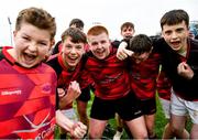 14 December 2023; Players from St. Mary’s CBC velebrate after the Division 3A JCT Development Shield final match between St. Mary’s CBC, Portlaoise and Creagh College at Energia Park in Dublin. Photo by Stephen Marken/Sportsfile