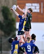 14 December 2023; William Valentine of East Glendalough School wins possession in the lineout against Charlie Fisher of St Kevin’s Dunlavin during the Pat Rossiter Cup final match between East Glendalough School and St. Kevin’s Dunlavin at Energia Park in Dublin. Photo by Ben McShane/Sportsfile