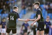 14 December 2023; David Johnston of East Glendalough School celebrates with teammate Nicholas Heath, left, after scoring their side's third try during the Pat Rossiter Cup final match between East Glendalough School and St. Kevin’s Dunlavin at Energia Park in Dublin. Photo by Ben McShane/Sportsfile