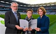 14 December 2023; In attendance at the Irish Life GAA Healthy Clubs Social Return of Investment evaluation report launch are, from left, Uachtarán Chumann Lúthchleas Gael Larry McCarthy, Healthy Ireland national policy lead Biddy O'Neill, and Just Economics director Dr Eilís Lawlor, at Croke Park in Dublin. Photo by Seb Daly/Sportsfile