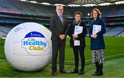 14 December 2023; In attendance at the Irish Life GAA Healthy Clubs Social Return of Investment evaluation report launch are, from left, Uachtarán Chumann Lúthchleas Gael Larry McCarthy, Healthy Ireland national policy lead Biddy O'Neill, and Just Economics director Dr Eilís Lawlor, at Croke Park in Dublin. Photo by Seb Daly/Sportsfile